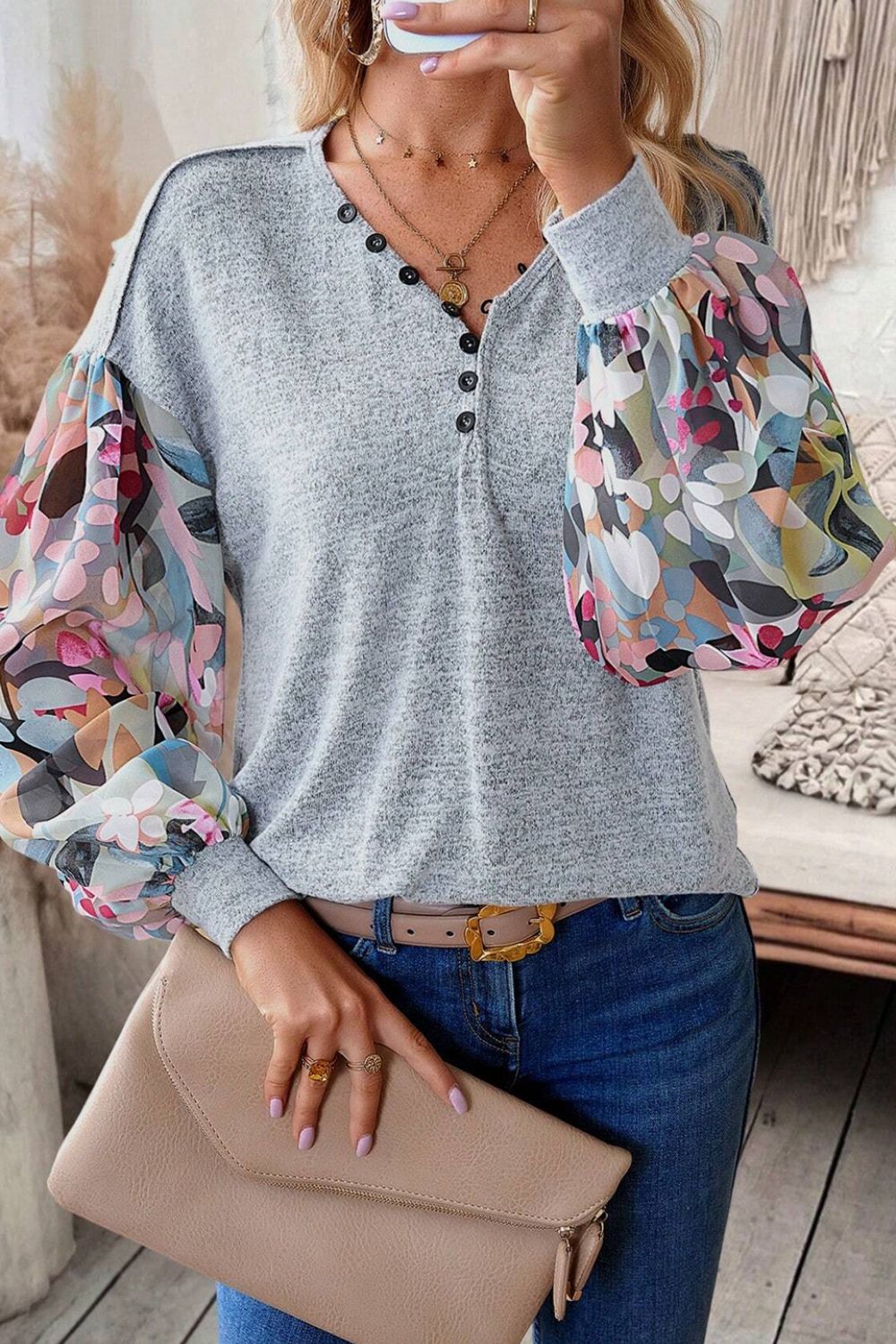 Printed Lantern Sleeve Buttoned V Neck Top Light Gray