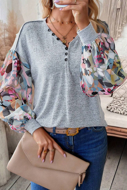 Printed Lantern Sleeve Buttoned V Neck Top Light Gray