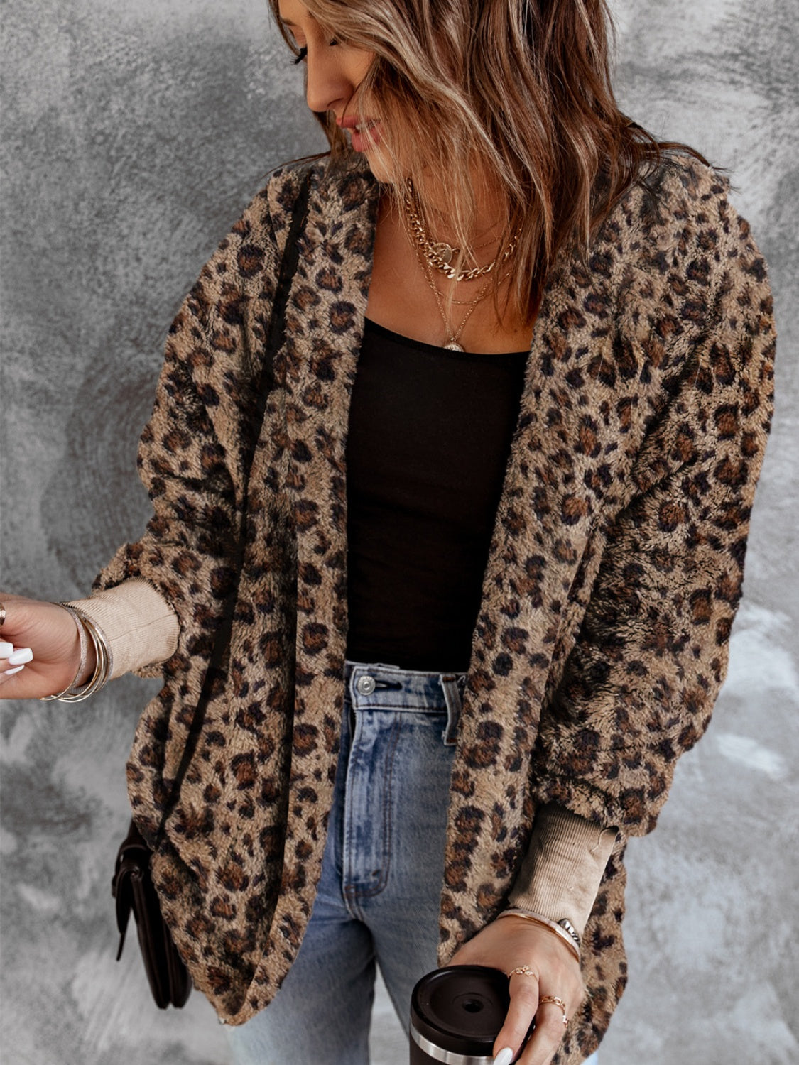 Fuzzy Leopard Long Sleeve Hooded Jacket Leopard