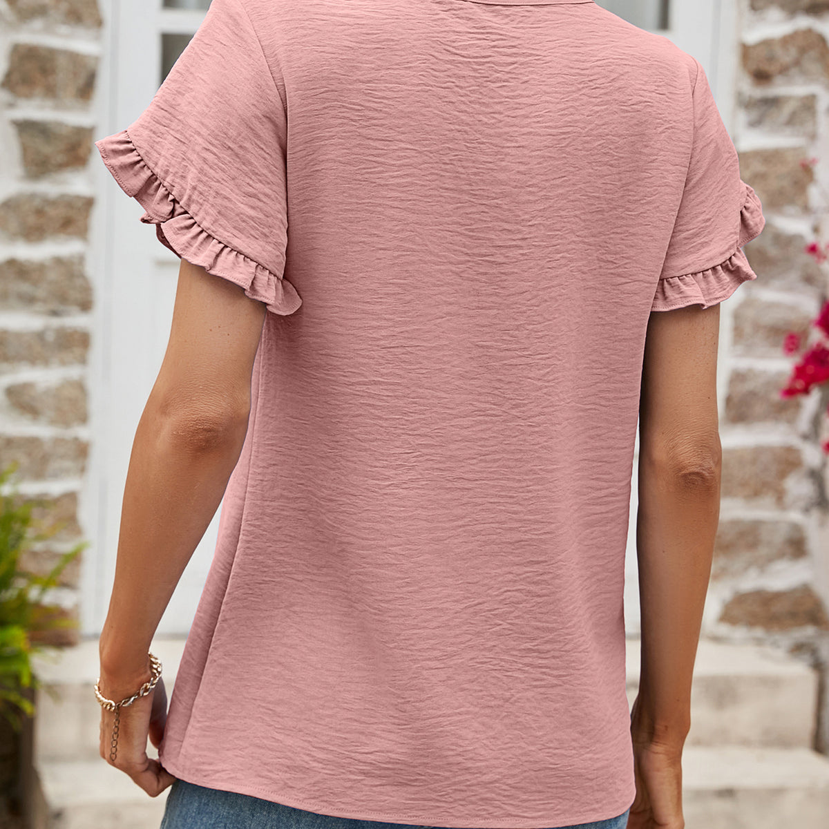 Textured Petal Sleeve Round Neck Tee