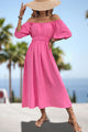 Square Neck Smocked Waist Puff Sleeve Midi Dress Pink