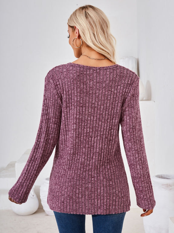 Ribbed Buttoned Round Neck Slit T-Shirt