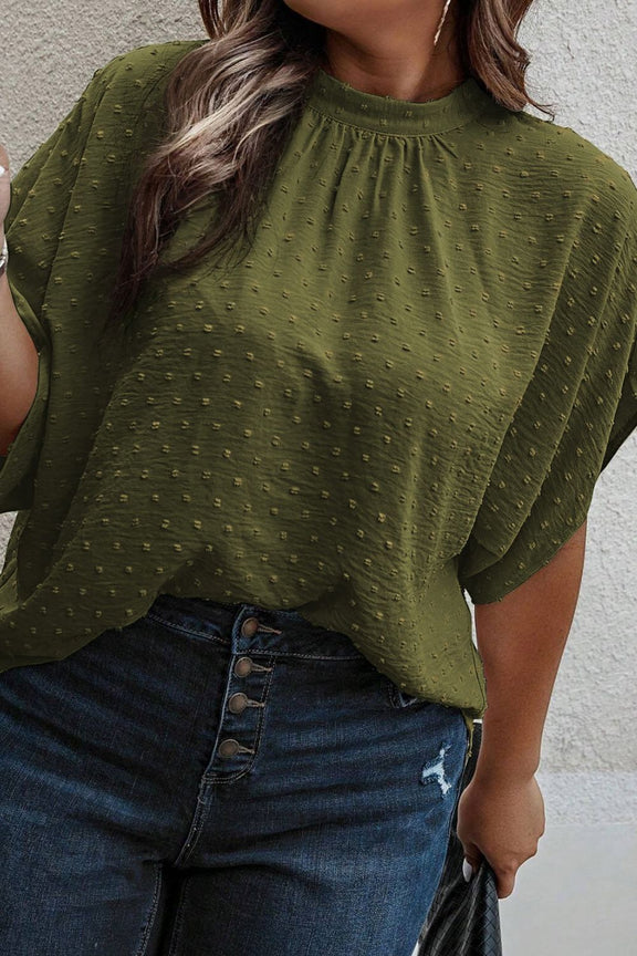 Plus Size Swiss Dot Tied Mock Neck Blouse Matcha Green