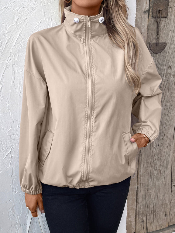 Ivy Lane Pocketed Zip Up Long Sleeve Jacket Mocha