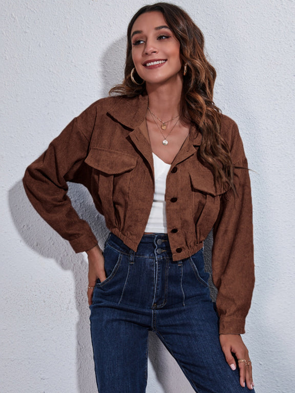 Collared Neck Dropped Shoulder Buttoned Jacket Brown