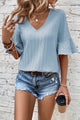 Textured V-Neck Flounce Sleeve Blouse Light Blue