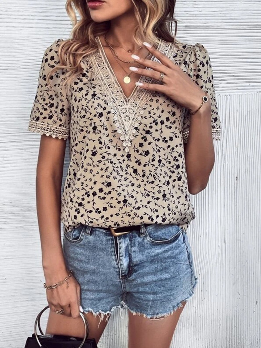 Full Size Printed V-Neck Short Sleeve Blouse Khaki