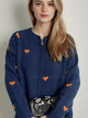 Heart Round Neck Zip Up Cardigan Dark Blue One Size