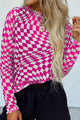 Checkered Mock Neck Long Sleeve Blouse Hot Pink