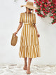 Striped Tie Belt Round Neck Puff Sleeve Dress Gold