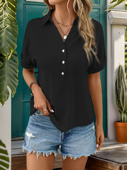 Perfee Johnny Collar Half Sleeve Blouse Black