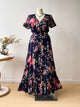 Plus Size Floral Print Short Sleeves V-Neck Dress Dark Blue