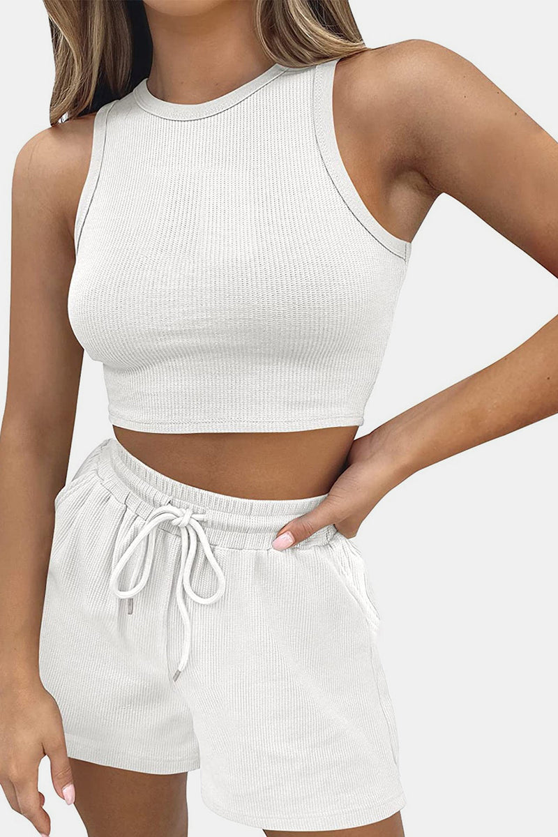 Round Neck Top and Drawstring Shorts Set White