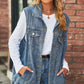 Collared Neck Sleeveless Denim Top with Pockets