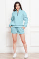 Half Zip Long Sleeve Sweatshirt and Drawstring Shorts Set Light Blue