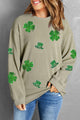 Lucky Clover Sequin Round Neck Sweatshirt Sage