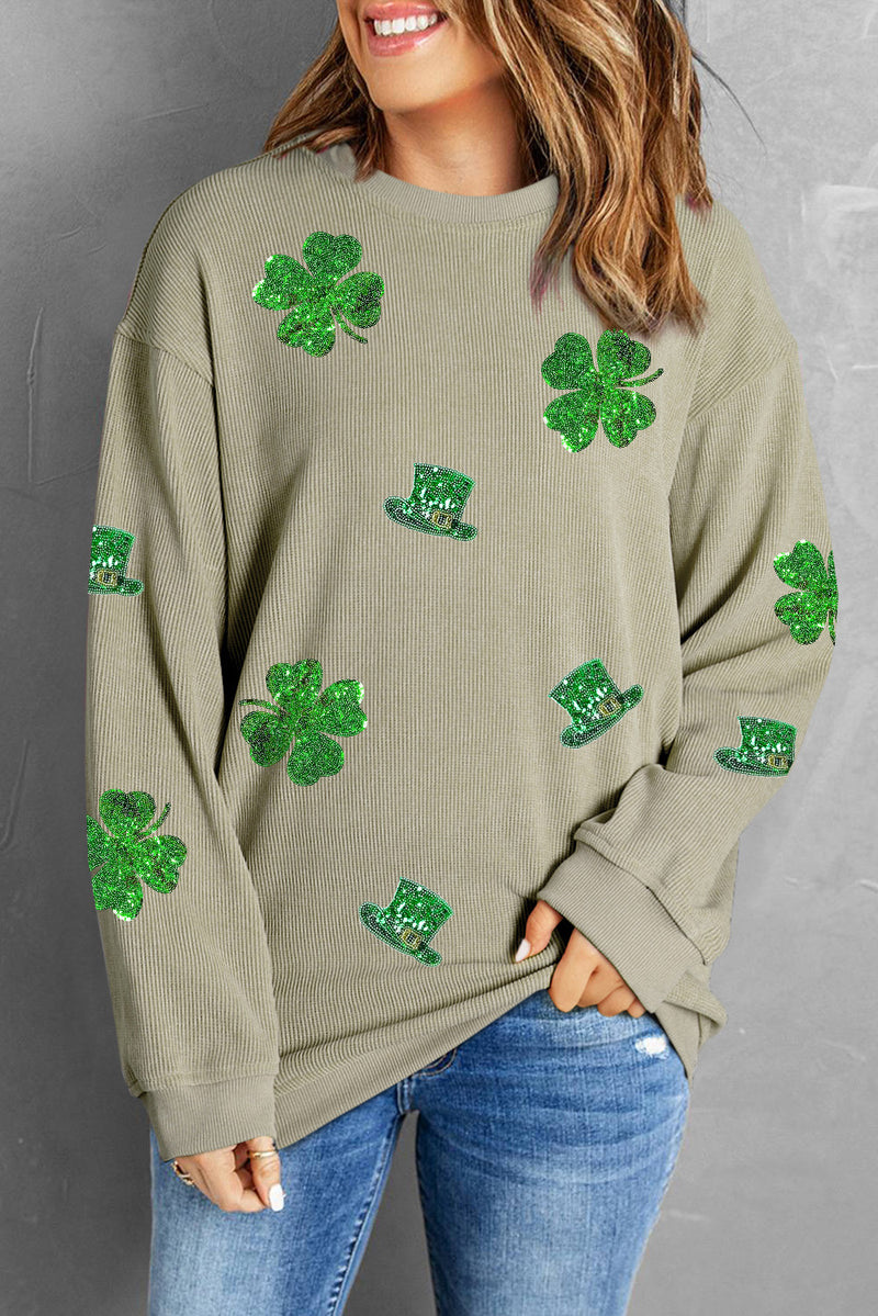 Lucky Clover Sequin Round Neck Sweatshirt Sage