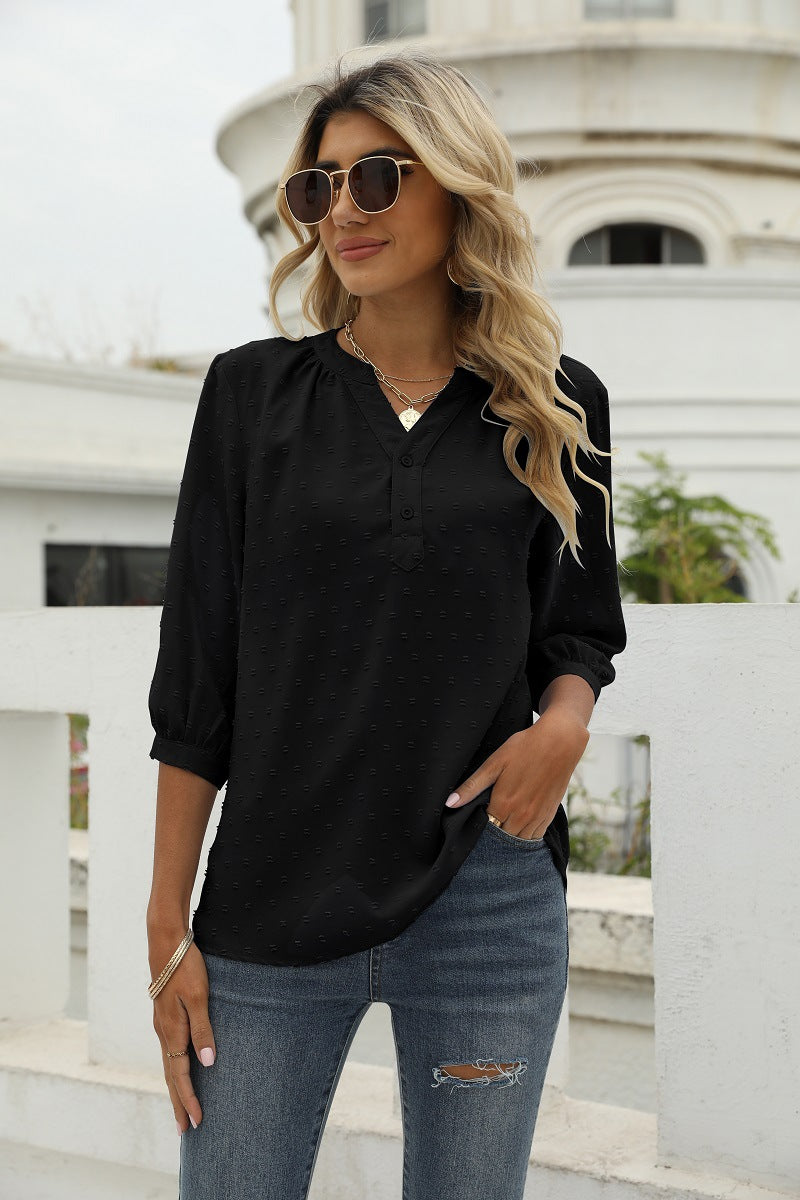 Swiss Dot Notched Neck Three-Quarter Sleeve Blouse Black