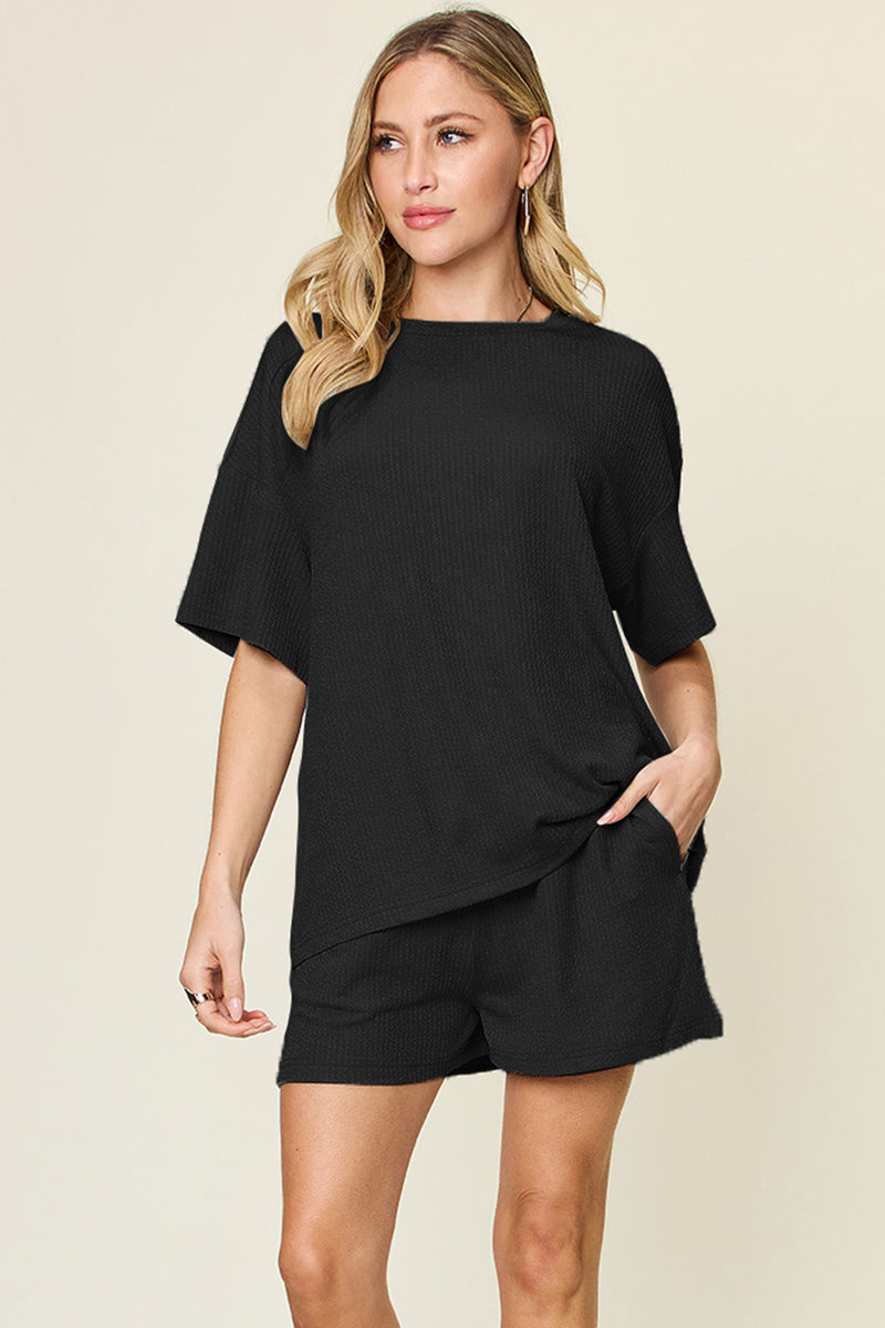 Double Take Full Size Round Neck Short Sleeve T-Shirt and Shorts Set Black