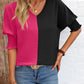 Contrast V-Neck Lantern Sleeve Blouse