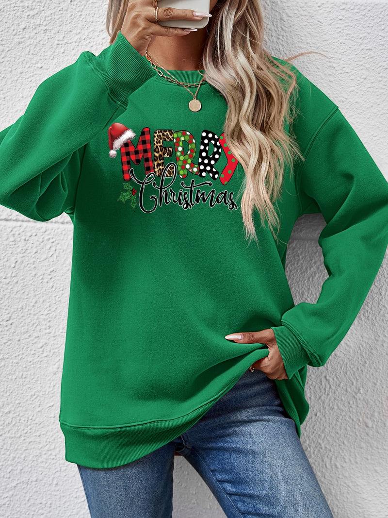 MERRY CHRISTMAS Round Neck Dropped Shoulder Sweatshirt Green