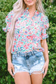 Printed Notched Short Sleeve Blouse Floral