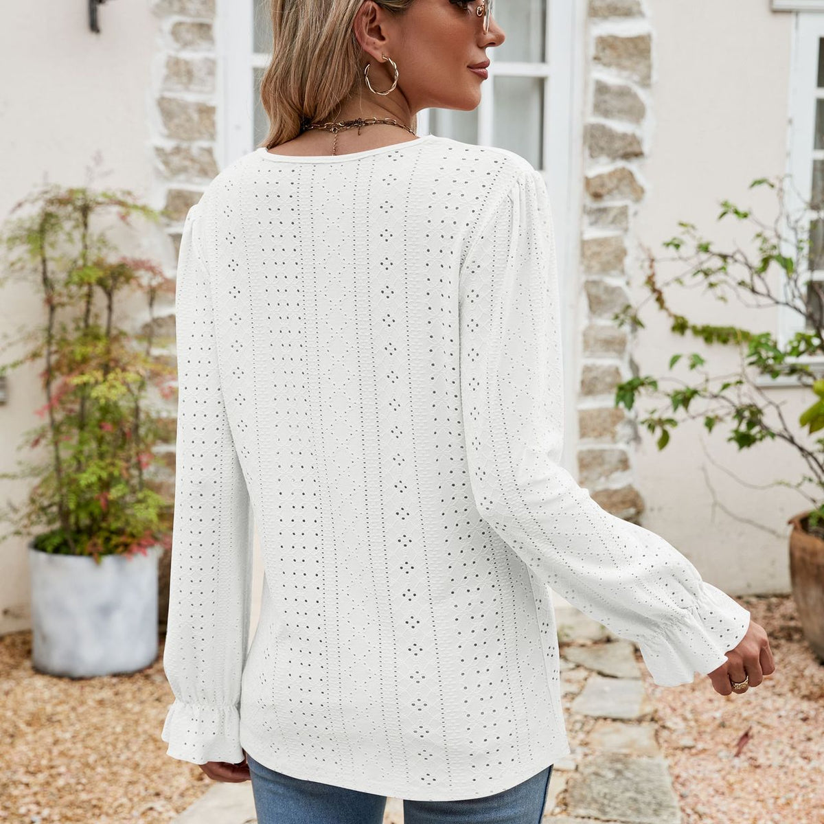 Eyelet Lace Trim Flounce Sleeve Blouse