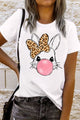 Leopard Bow Rabbit Graphic Round Neck Short Sleeve T-Shirt White
