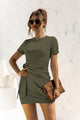 Round Neck Cuffed Sleeve Side Tie Dress Army Green
