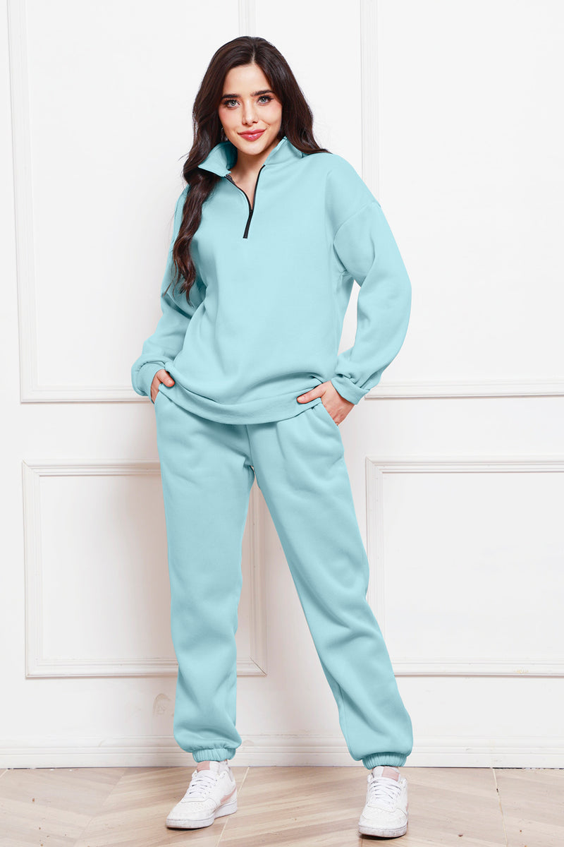 Half Zip Long Sleeve Sweatshirt and Pants Set Light Blue