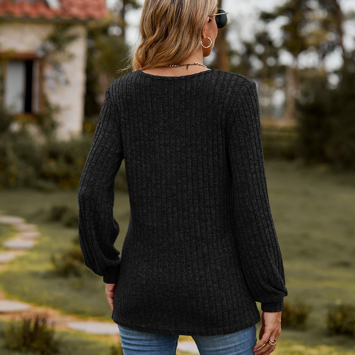 Round Neck Button-Down Long Sleeve Tee