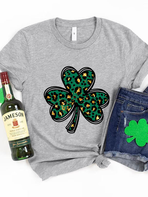 Lucky Clover Round Neck Short Sleeve T-Shirt Gray