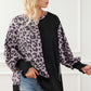 Leopard Round Neck Lantern Sleeve Slit Sweatshirt