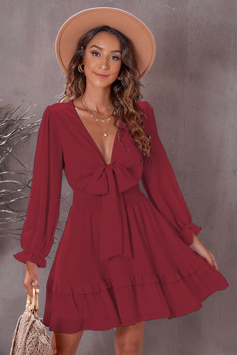Tied Plunge Smocked Waist Flounce Sleeve Dress Wine