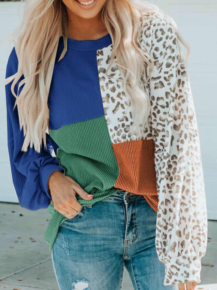 Color Block Leopard Round Neck Sweatshirt Royal Blue