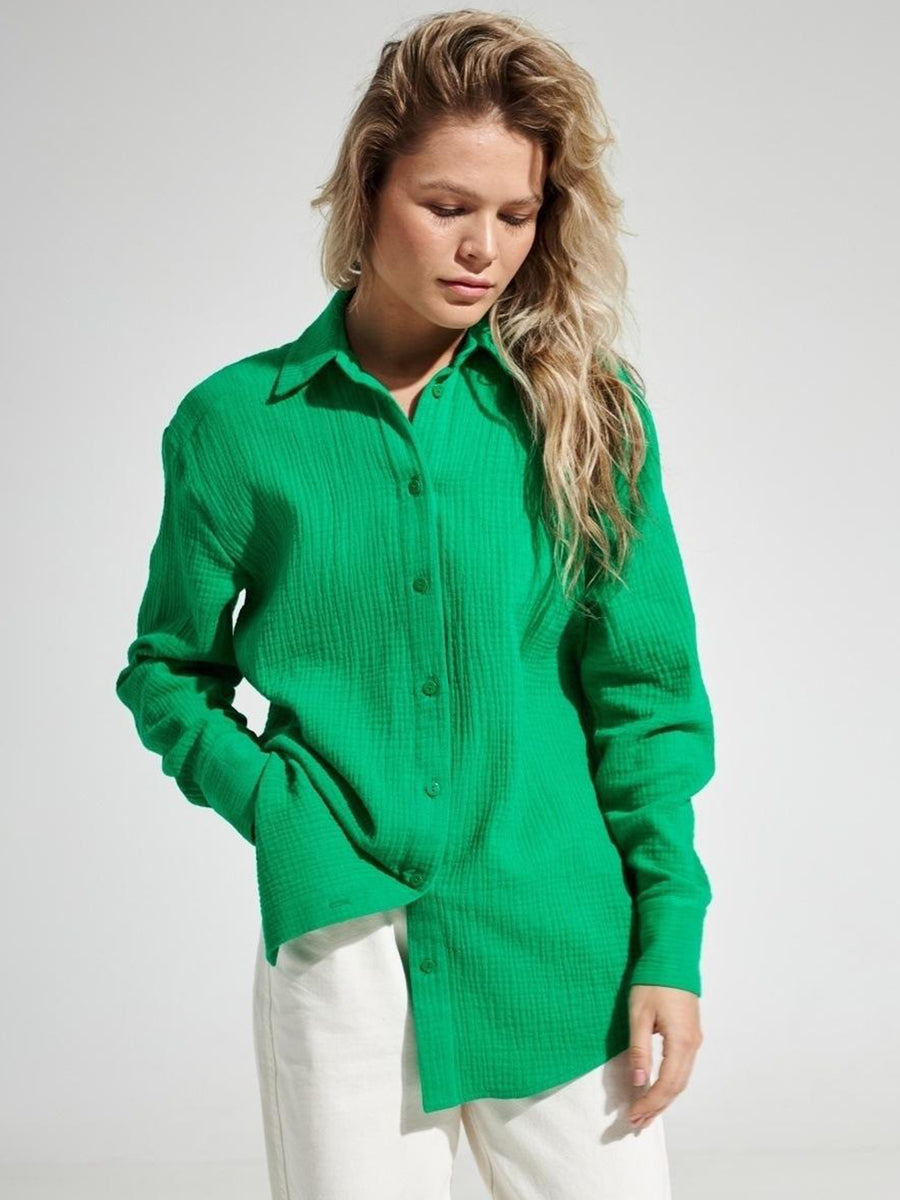 Textured Collared Neck Long Sleeve Shirt Green