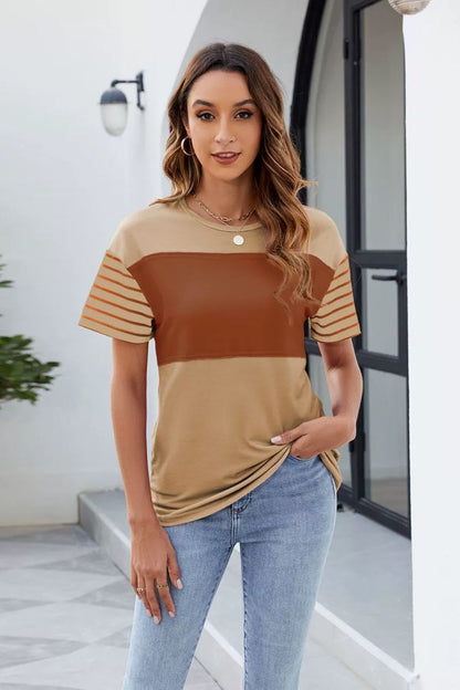 Color Block Round Neck Short Sleeve T-Shirt Khaki Brown