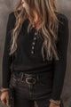 V-Neck Half Button long Sleeve T-Shirt Black