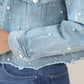 Distressed Pearl Trim Button Up Denim Jacket