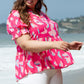 Plus Size Ruffled Printed Notched Short Sleeve Blouse