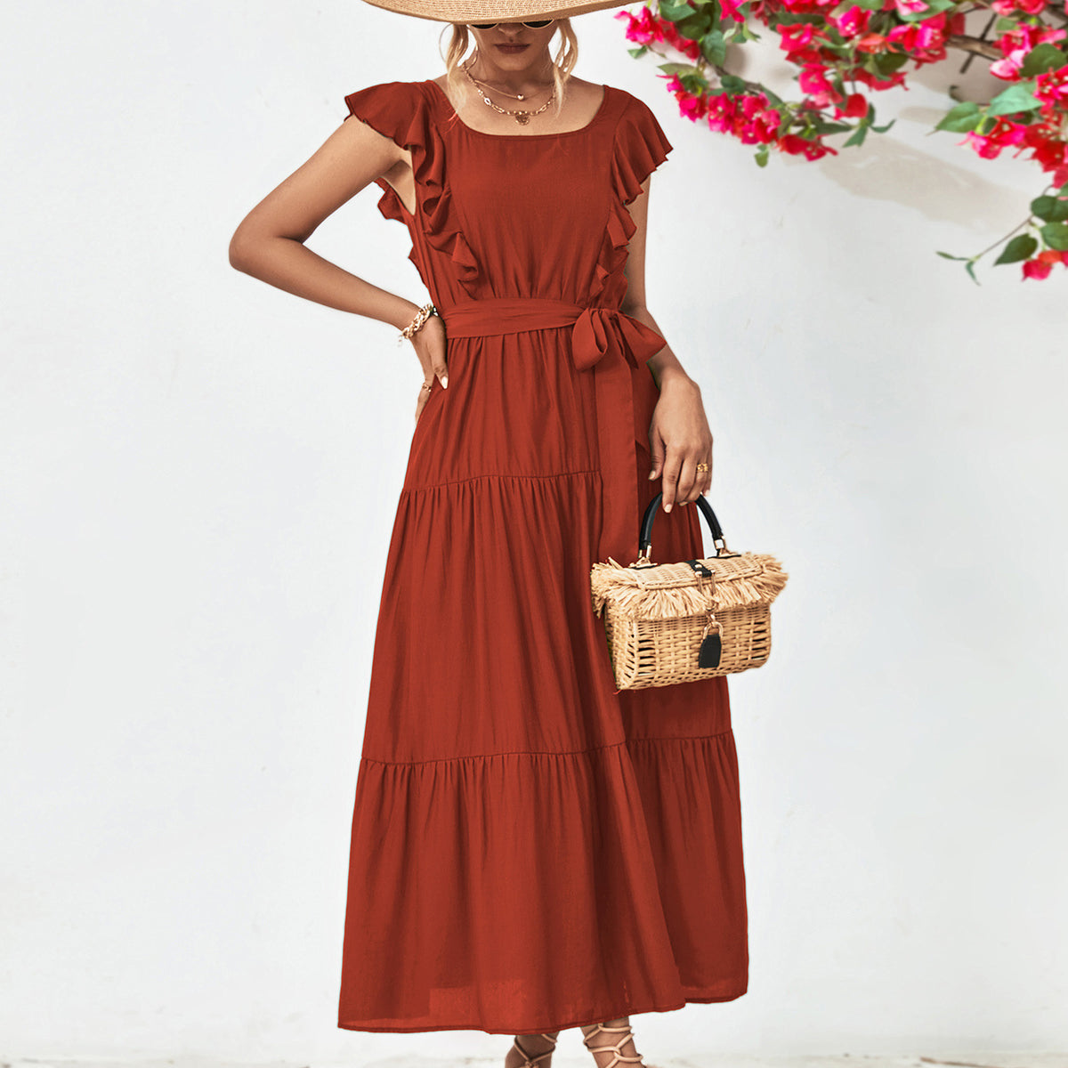 Tie Belt Ruffled Tiered Dress