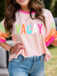 Letter Graphic Color Block Round Neck Half Sleeve T-Shirt Watermelon pink