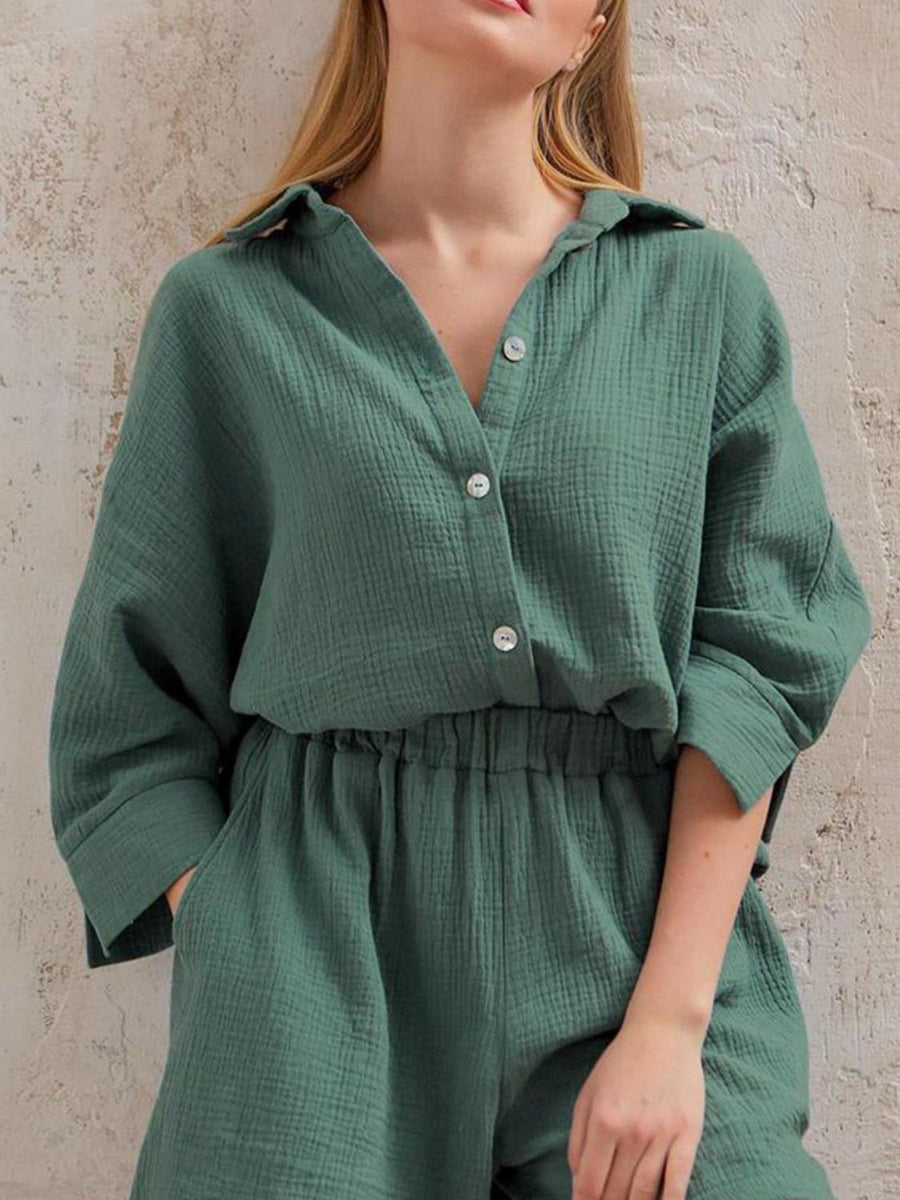 Texture Button Up Shirt and Shorts Set Dark Green