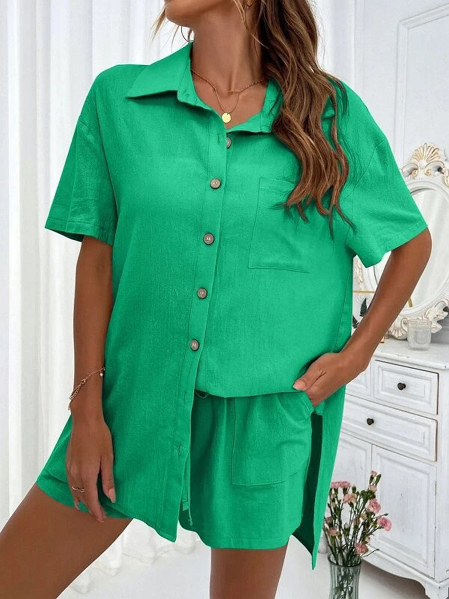 Button Up Shirt and Drawstring Shorts Set Green