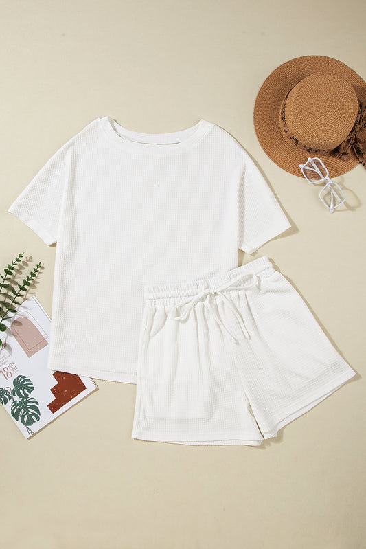 Round Neck Short Sleeve Top and Drawstring Shorts Set