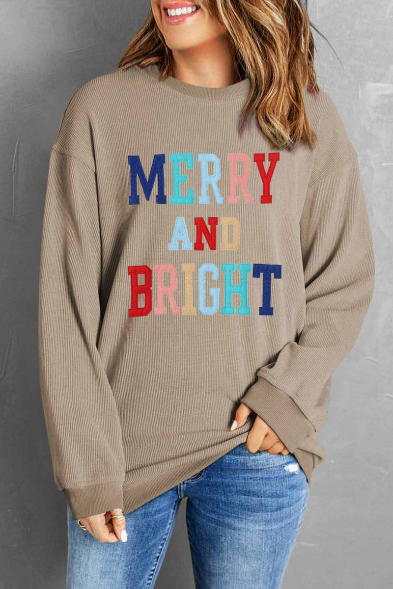 MERRY AND BRIGHT Graphic Sweatshirt Camel
