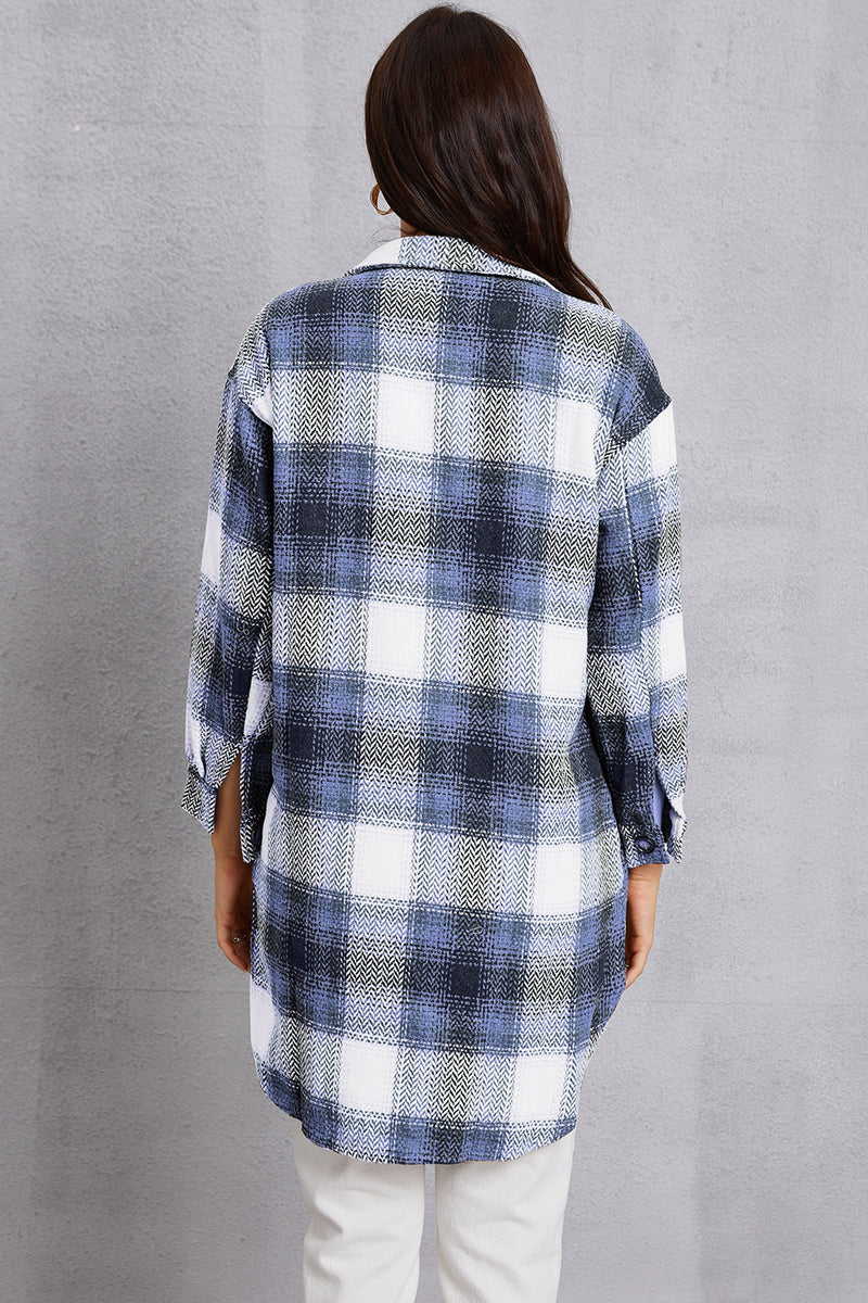 MeiMei Plaid Button Up Dropped Shoulder Coat with Pockets