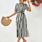 Striped Tie Belt Round Neck Puff Sleeve Dress