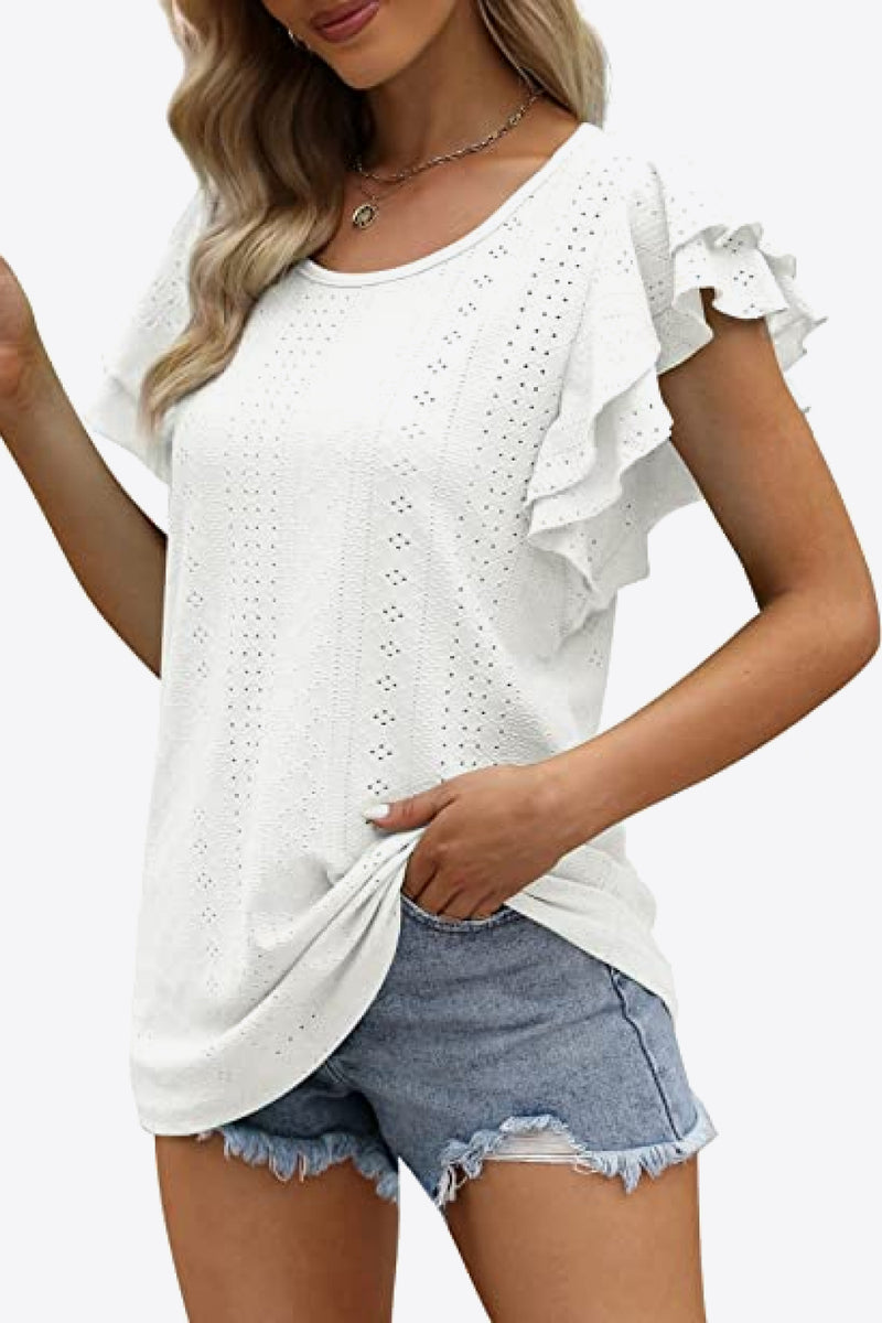 Round Neck Layered Flutter Sleeve Blouse