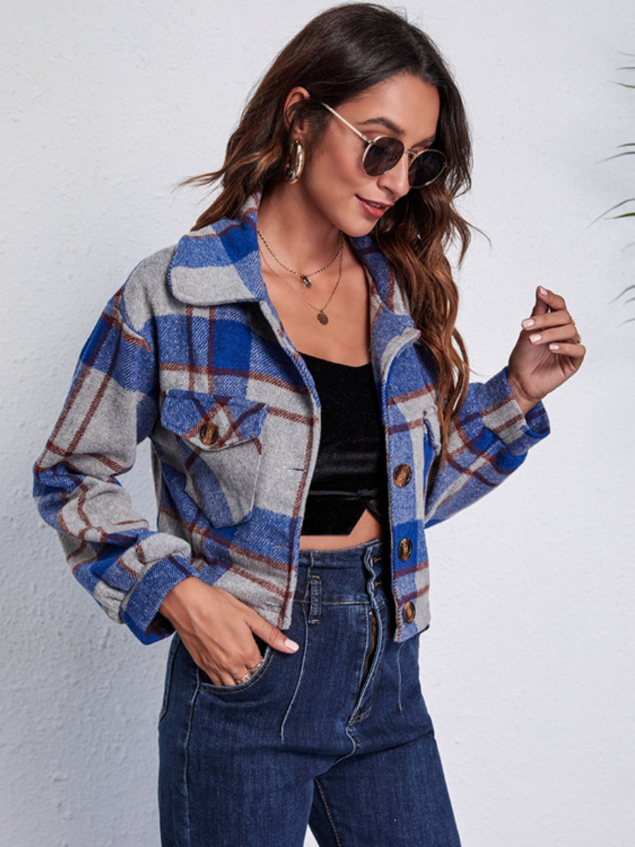 Plaid Button Front Jacket with Pockets Gray